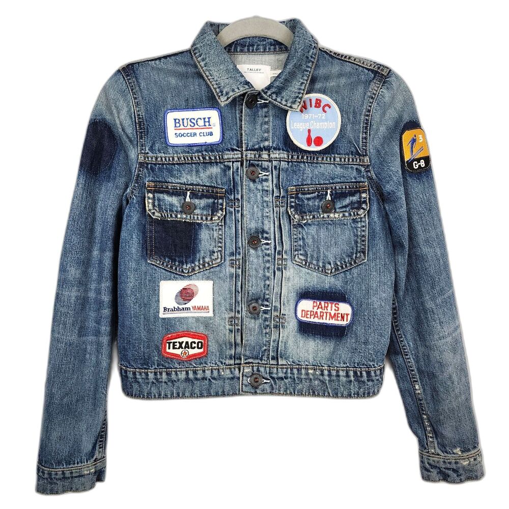 Talley RARE Vintage Patches Denim Jean Jacket Dark Wash Cars Sports Size S NWOT